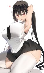 Rule 34 | 1girl, absurdres, bad id, bad pixiv id, bare shoulders, black hair, black skirt, blush, breasts, highres, hiiragi ken, large breasts, long hair, looking at viewer, miniskirt, open mouth, original, pleated skirt, red eyes, skirt, solo, thighhighs, thighs, twintails, white thighhighs