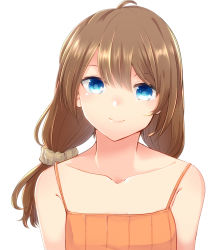 Rule 34 | 1girl, aoi (annbi), bare shoulders, blue eyes, brown hair, camisole, collarbone, face, hair ornament, hair scrunchie, highres, long hair, looking at viewer, low twintails, original, scrunchie, simple background, smile, solo, twintails, white background
