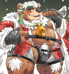 Rule 34 | 1boy, ainu clothes, alternate costume, animal ears, bara, bear boy, bear ears, belly, brown fur, bulge, chest hair, chest tuft, christmas, cowboy shot, crotchless shorts, crotchless underwear, facepaint, fat, fat man, furry, furry male, green eyes, headband, kimun kamui (housamo), looking at viewer, male focus, muscular, muscular male, sack, santa costume, scar, scar on face, scar on mouth, snowing, solo, tokyo houkago summoners, white hair, yazoe