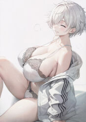 Rule 34 | 1girl, bare shoulders, bed sheet, bra, breasts, camisole, cleavage, closed eyes, collarbone, commentary request, from side, grey shorts, grin, hair over one eye, huge breasts, jacket, knee up, kurono mitsuki, lace, lace-trimmed bra, lace-trimmed panties, lace trim, large breasts, long sleeves, looking at viewer, off shoulder, on bed, open clothes, open jacket, original, panties, parted bangs, plump, puffy long sleeves, puffy sleeves, short hair, shorts, sideboob, simple background, sitting, sleeves past wrists, smile, solo, thick thighs, thighs, translation request, underwear, very short hair, white background, white bra, white hair, white jacket, white panties