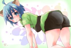 Rule 34 | 1boy, ahoge, all fours, animal ears, artist request, ass, bad id, blue eyes, blue hair, blush, cat ears, closed mouth, leon geeste, looking at viewer, male focus, shirt, short hair, shorts, smile, solo, star ocean, star ocean the second story