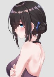 Rule 34 | 1girl, absurdres, alternate hairstyle, backless dress, backless outfit, bare shoulders, black hair, blue eyes, blush, breasts, commentary request, crossed arms, dress, fingernails, from side, go-1, grey background, hair bun, halterneck, highres, idolmaster, idolmaster cinderella girls, light smile, lips, looking at viewer, looking to the side, medium breasts, nail polish, nose blush, parted lips, pink nails, profile, purple dress, sagisawa fumika, short hair, sidelocks, simple background, single hair bun, sleeveless, sleeveless dress, solo, upper body