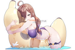 Rule 34 | 1girl, ahoge, artist name, ass, banana, bikini, breast press, breasts, brown hair, commentary, english commentary, food, fruit, hair over one eye, hot vr, hug, inflatable toy, kono subarashii sekai ni shukufuku wo!, large breasts, looking at viewer, open mouth, paid reward available, pixiv username, purple bikini, round teeth, simple background, solo, swimsuit, teeth, thigh strap, transparent, upper teeth only, water, white background, wiz (konosuba), yellow eyes