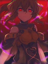 Rule 34 | 1girl, armor, aura, bad id, bad twitter id, bow, breastplate, brown hair, closed mouth, corruption, dark aura, dark persona, delthea (fire emblem), doku ringo36, fire emblem, fire emblem echoes: shadows of valentia, fire emblem heroes, hair bow, highres, long hair, nintendo, ponytail, red eyes, solo, upper body