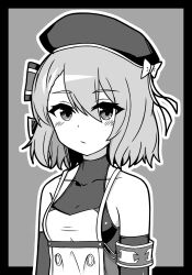 Rule 34 | 1girl, armband, azur lane, bare shoulders, beret, black border, blush, border, bow, breasts, closed mouth, collarbone, commentary request, covered collarbone, cross, detached sleeves, dress, grey background, greyscale, hair bow, hat, hat bow, highres, iron cross, looking at viewer, medium breasts, monochrome, outline, rock zinc, simple background, solo, striped bow, upper body, white outline, z23 (azur lane)