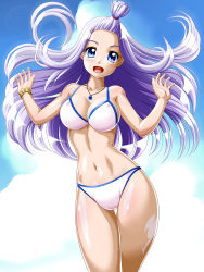 Rule 34 | 1girl, :d, artist name, bikini, blue eyes, blue gemstone, blush, bracelet, breasts, cleavage, cloud, collarbone, covered erect nipples, cowboy shot, day, fairy tail, floating hair, gem, hair tie, hands up, happy, head tilt, highres, hip focus, jewelry, leaning, leg tattoo, legs together, long hair, looking at viewer, medium breasts, mirajane strauss, navel, necklace, onoe, open mouth, outdoors, pendant, shiny skin, sideboob, sidelocks, sky, smile, solo, standing, swimsuit, tattoo, thigh gap, thighs, topknot, watermark, white bikini, white hair