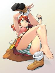 Rule 34 | 10s, 1girl, armpits, ass, barefoot, boots, bracelet, feet, final fantasy, final fantasy xiii, full body, green eyes, hyou itto, jewelry, legs, lying, oerba dia vanille, on back, panties, pantyshot, red hair, shoes, simple background, single shoe, solo, striped clothes, striped panties, toes, underwear, upskirt