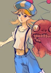 Rule 34 | 1girl, blonde hair, breath of fire, breath of fire iv, closed mouth, hat, highres, looking at viewer, navel, oshieta girl, puppet, shirt, short hair, simple background, suspenders, white shirt