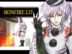 Rule 34 | 1girl, black footwear, burning, burning building, dark souls (series), earrings, eyeliner, facepaint, fingerless gloves, flame print, from behind, gloves, hat, highres, japanese clothes, jewelry, kariginu, layered clothes, lipstick, long hair, looking at viewer, makeup, mononobe no futo, myouren temple, nail polish, parody, pink hair, pom pom (clothes), ponytail, red eyes, ryuuichi (f dragon), tate eboshi, temple gate, touhou