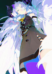 1girl absurdres ahoge ascot bare_shoulders black_dress black_horns closed_mouth demon_horns detached_sleeves dress from_below grey_hair hair_over_one_eye highres hololive horns la+_darknesss long_hair long_sleeves looking_at_viewer multicolored_hair pointy_ears purple_hair shiloroshi solo streaked_hair striped_horns very_long_hair virtual_youtuber white_sleeves yellow_ascot yellow_eyes