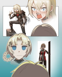 2girls alternate_costume black_choker blonde_hair blue_eyes bluebeel2 blush choker embarrassed fur_collar girls&#039;_frontline girls&#039;_frontline_2:_exilium highres jacket leather leather_jacket makeup multiple_girls spiked_belt spiked_boots suomi_(girls&#039;_frontline_2) surprised ullrid_(girls&#039;_frontline_2)