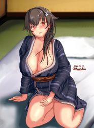 Rule 34 | black hair, blue kimono, blush, breasts, cleavage, dated, futon, hair ornament, highres, japanese clothes, jingei (kancolle), kantai collection, kimono, large breasts, medium hair, montemasa, open mouth, red eyes, sitting, solo, twitter username