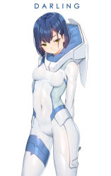 Rule 34 | 10s, 1girl, arms behind back, blue hair, blush, bodysuit, breasts, closed mouth, covered navel, cowboy shot, darling in the franxx, english text, fangxiang cuoluan, green eyes, hair ornament, hairclip, highres, ichigo (darling in the franxx), looking at viewer, shiny clothes, short hair, simple background, skin tight, small breasts, solo, standing, v-shaped eyebrows, white background, white bodysuit