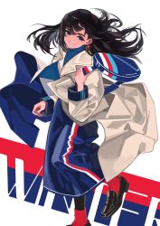 Rule 34 | 1girl, backpack, bag, black footwear, black hair, black pantyhose, blue eyes, blue skirt, blue sweater, coat, commentary, earrings, english commentary, grey coat, high-waist skirt, highres, jewelry, kaneni, long hair, long sleeves, looking at viewer, open clothes, open coat, original, pantyhose, parted lips, red socks, simple background, skirt, smile, socks, socks over pantyhose, solo, sweater, turtleneck, turtleneck sweater, white background