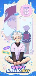 Rule 34 | 1boy, absurdres, backpack, bag, birthday, blue eyes, candy, character name, child, dated, food, happy birthday, hat, highres, hunter x hunter, indian style, killua zoldyck, layered sleeves, lollipop, long sleeves, looking at viewer, male focus, misted 8, shirt, short hair, short over long sleeves, short sleeves, shorts, sitting, skateboard, smile, solo, white hair, white shirt, yo-yo