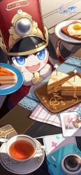 Rule 34 | 1boy, 1girl, blue eyes, bread slice, camera, chinese commentary, cup, drawing (object), egg, food, highres, holding, holding plate, honkai: star rail, honkai (series), logo, looking at viewer, march 7th (honkai: star rail), napkin, official art, official wallpaper, one eye closed, open mouth, picture frame, pie, pink hair, plate, pom-pom (honkai: star rail), red headwear, solo, solo focus, table, tea, teacup, toast
