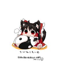 Rule 34 | 1girl, animal ears, animal hands, black hair, blush stickers, bow, byourou, cat ears, cat paws, cat tail, chibi, deformed, hair bow, hair tubes, hakurei reimu, paw pose, red eyes, solo, tail, touhou, white background, yin yang