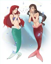 Rule 34 | 2girls, ariel (disney), bare arms, bare shoulders, bikini, black hair, blue eyes, blush, breasts, brown hair, brown lips, bubble, collarbone, commentary, commission, cosplay, crossover, disney, earrings, english commentary, eye contact, eyebrows hidden by hair, final fantasy, final fantasy vii, final fantasy vii remake, fork, full body, grin, hands up, highres, holding, holding fork, jewelry, light rays, lips, long hair, looking at another, low-tied long hair, medium breasts, mermaid, midriff, monster girl, multiple girls, musical note, navel, neck, own hands together, parted bangs, parted lips, pudelmudel, purple bikini, red bikini, red eyes, red hair, red lips, shell, shell bikini, single earring, smile, square enix, stomach, straight hair, strapless, strapless bikini, swept bangs, swimsuit, teardrop earring, the little mermaid, tifa lockhart, underwater