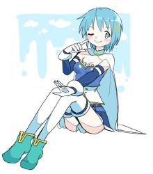 Rule 34 | 1girl, :&gt;, ankle boots, aqua background, armpit crease, bare shoulders, belt, blue eyes, blue hair, blue skirt, blush, blush stickers, boots, breasts, cape, cleavage, closed mouth, detached sleeves, dot nose, finger to cheek, fortissimo, frills, frl1015, full body, gloves, green footwear, hair ornament, hairclip, hand on own knee, hand rest, hand up, index finger raised, legs together, looking afar, mahou shoujo madoka magica, mahou shoujo madoka magica (anime), miki sayaka, musical note, musical note hair ornament, one eye closed, outstretched arm, pleated skirt, short hair, simple background, sitting, skirt, small breasts, smile, solo, strapless, thighhighs, thighs, two-tone background, white background, white cape, white gloves, white thighhighs, zettai ryouiki