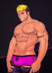 Rule 34 | 1boy, abs, absurdres, alternate skin color, arm tattoo, bara, blonde hair, bulge, clenched teeth, clothes pull, clothing cutout, cross-laced clothes, cross-laced cutout, cross-laced underwear, dark-skinned male, dark skin, highres, large pectorals, looking at viewer, male focus, male underwear, mikicat, multicolored hair, muscular, muscular male, navel, navel hair, nipples, onogami tetsuya, pants, pants pull, pectorals, purple male underwear, red eyes, scar, scar across eye, scar on face, short hair, sideburns, solo, stomach, tattoo, teeth, tokyo houkago summoners, topless male, two-tone hair, undercut, underwear