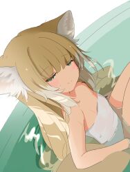 Rule 34 | animal ear fluff, animal ears, arknights, bare shoulders, bath, blonde hair, breasts, fie in b86, fox ears, fox girl, fox tail, green eyes, half-closed eyes, highres, long hair, looking at viewer, multiple tails, naked towel, partially submerged, sitting, small breasts, smile, suzuran (arknights), tail, thighs, towel, very long hair, water, white towel