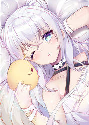 Rule 34 | + +, 1girl, :o, ;o, arm behind head, azur lane, bare shoulders, bed sheet, bird, blue eyes, breasts, chick, chinese commentary, choker, cleavage, collarbone, commentary request, criss-cross halter, double bun, hair bun, halterneck, kana (kuaua), le malin (azur lane), le malin (sleepy sunday) (azur lane), looking at viewer, lying, manjuu (azur lane), on back, on bed, one eye closed, open mouth, ribbon, sidelocks, silver hair, small breasts, solo, stuffed animal, stuffed toy, symbol-shaped pupils, wrist ribbon