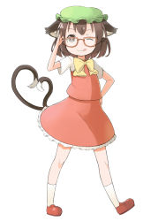 Rule 34 | 1girl, :q, ;q, animal ears, bespectacled, cat ears, cat girl, cat tail, chen, female focus, glasses, heart, heart tail, multiple tails, nakashino setsu, one eye closed, solo, tail, tongue, tongue out, touhou, white background, wink