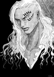 Rule 34 | 1boy, artist request, asymmetrical hair, braid, closed mouth, dark skin, expressionless, eyes visible through hair, facial tattoo, highres, jacket, king (one piece), lips, long hair, long sleeves, looking at viewer, mature male, muscular, one piece, pectorals, serious, shirt, side braid, single braid, solo, tattoo, v-shaped eyebrows, wings