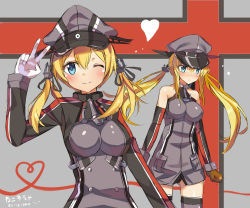 Rule 34 | 10s, 2girls, :&lt;, alternate costume, anchor, anchor hair ornament, bare shoulders, bismarck (kancolle), blonde hair, blush, breasts, brown gloves, clenched hands, detached sleeves, gloves, hair ornament, hat, heart, heart of string, highres, kantai collection, large breasts, looking at viewer, military, military hat, military uniform, multiple girls, nekomicha, one eye closed, peaked cap, prinz eugen (kancolle), smile, twintails, uniform, v, white gloves