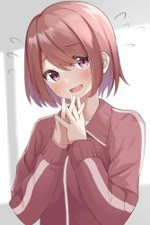Rule 34 | 1girl, :d, blush, brown eyes, brown hair, commentary request, eyes visible through hair, flying sweatdrops, grey background, hair between eyes, hands up, highres, hoshino miyako (wataten), interlocked fingers, jacket, keito4f, long sleeves, looking at viewer, open mouth, own hands clasped, own hands together, red jacket, short hair, smile, solo, track jacket, track suit, upper body, watashi ni tenshi ga maiorita!