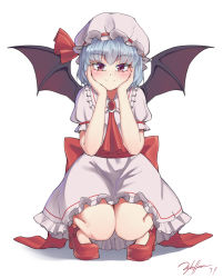 Rule 34 | 1girl, absurdres, ascot, bat wings, blush, brooch, hand on own face, hands on own cheeks, hands on own face, hat, hat ribbon, highres, jewelry, knees together feet apart, littiecy, mob cap, puffy sleeves, red footwear, remilia scarlet, ribbon, short hair, short sleeves, simple background, smile, solo, squatting, touhou, white background, wings