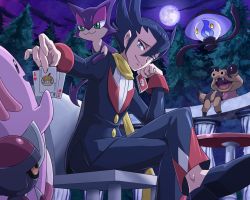 Rule 34 | 1boy, black footwear, black hair, blue eyes, card, chair, chansey, creatures (company), crossed legs, elite four, fence, from below, full moon, game freak, gen 1 pokemon, gen 5 pokemon, grimsley (pokemon), hair between eyes, holding, holding card, joker (playing card), lampent, moon, night, nintendo, outdoors, outstretched arm, pawniard, playing card, poke ball symbol, pokemoa, pokemon, pokemon (creature), pokemon bw, purrloin, sandile, scarf, scraggy, shoes, sitting, sky, smile, star (sky), tree, yellow scarf