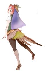 Rule 34 | 10s, 1girl, back, blue hair, feathered wings, feathers, full body, green pheasant (kemono friends), head wings, ise (0425), kemono friends, long hair, pantyhose, pleated skirt, red hair, simple background, skirt, solo, white background, wings, yellow eyes