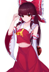 Rule 34 | 1girl, adjusting hair, ascot, bad id, bad pixiv id, bow, box, brown hair, cowboy shot, detached sleeves, hair bow, hair tubes, hakurei reimu, heart-shaped box, highres, holding, holding behind back, kyoukai33, long hair, looking at viewer, midriff, navel, nontraditional miko, raised eyebrow, red eyes, sarashi, simple background, solo, touhou, white background, wide sleeves