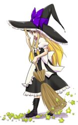 Rule 34 | 1girl, apron, back bow, black footwear, black hat, black skirt, black vest, blonde hair, boots, bow, broom, frilled apron, frilled headwear, frilled skirt, frills, from side, full body, hat, hat bow, hat ribbon, highres, holding, holding broom, kirisame marisa, large hat, long hair, looking at viewer, looking to the side, narumi yuzurai, open mouth, puffy short sleeves, puffy sleeves, purple bow, purple ribbon, ribbon, shirt, short sleeves, simple background, skirt, skirt set, solo, sweeping, touhou, very long hair, vest, waist apron, white apron, white background, white bow, white shirt, witch hat, yellow eyes
