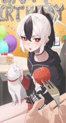 Rule 34 | 1girl, animal, animal on lap, ao tsukushi, balloon, black choker, black hair, black hoodie, blue archive, blush, bright pupils, cactus, cake, cat, choker, collarbone, demon horns, earclip, fed by viewer, feeding, fingernails, food, fork, fruit, grey halo, halo, happy birthday, highres, holding, holding food, hood, hoodie, horns, kayoko (blue archive), miniskirt, mole, mole on neck, multicolored hair, on lap, open mouth, petting, photo (object), plaid, plaid skirt, plant, ponytail, potted plant, pov, pov hands, red eyes, red skirt, short hair, sidelocks, sitting, skirt, solo, strawberry, strawberry shortcake, two-tone hair, white hair