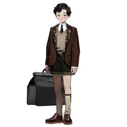 Rule 34 | 1boy, artist request, belt, black belt, black hair, black necktie, blue eyes, blush, brown eyes, brown footwear, brown jacket, brown shorts, brown sweater vest, closed mouth, collared shirt, expressionless, full body, girls&#039; frontline, heterochromia, holding, holding suitcase, jacket, knee strap, loafers, long sleeves, looking at viewer, lucas (girls&#039; frontline), male focus, necktie, official art, shirt, shoes, short hair, shorts, simple background, socks, solo, standing, suitcase, sweater vest, transparent background, white shirt, white socks