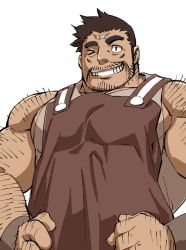 Rule 34 | 1boy, apron, arm hair, bara, bare arms, bare shoulders, brown apron, brown hair, character request, cross scar, facial hair, grin, hairy, large pectorals, looking at viewer, male focus, mature male, mennsuke, muscular, muscular male, old, old man, one eye closed, pectorals, scar, scar on face, scar on forehead, short hair, shoukan yuusha to f-kei kareshi, sideburns, sidepec, sleeveless, smile, solo, stubble, tank top, white tank top, wrinkled skin