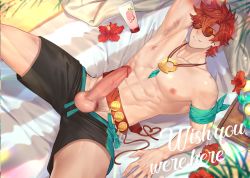 Rule 34 | 1boy, abs, black male swimwear, black swim trunks, erection, fire emblem, fire emblem: three houses, jewelry, large pectorals, male focus, male swimwear, male swimwear pull, muscular, necklace, nintendo, orange hair, outdoors, pectorals, penis, red hair, shadow, smile, solo, summer, swim trunks, swim trunks pull, swimsuit, sylvain jose gautier, testicles, thighs, topless male, uncensored, zhineart