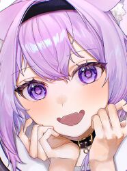 Rule 34 | 1girl, :d, a123 b456, animal ear fluff, animal ears, blush, cat, cat girl, collar, commentary, fang, hands on own cheeks, hands on own face, highres, hololive, nekomata okayu, open mouth, purple eyes, purple hair, skin fang, smile, solo, virtual youtuber