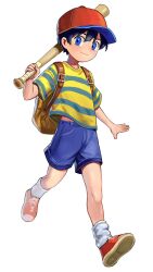 Rule 34 | 1boy, bag, baseball bat, baseball cap, black hair, blue eyes, blue shorts, child, closed mouth, commentary, english commentary, full body, h2co3 vv, hat, highres, holding, holding baseball bat, looking at viewer, male focus, mother (game), mother 2, ness (mother 2), nintendo, shirt, shoes, short sleeves, shorts, simple background, smile, sneakers, socks, solo, standing, striped clothes, striped shirt, white background