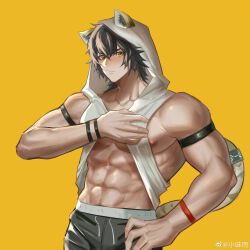 Rule 34 | 1boy, abs, absurdres, animal ears, arknights, artist request, bara, black hair, blush, broca (arknights), cat boy, cat ears, cat tail, cowboy shot, ears through headwear, highres, hood, jacket, large pectorals, lifted by self, looking at viewer, male focus, muscular, muscular male, navel, navel hair, nipples, pants, pectorals, short hair, shy, sidepec, simple background, sleeveless, solo, stomach, tail, underpec, yellow eyes