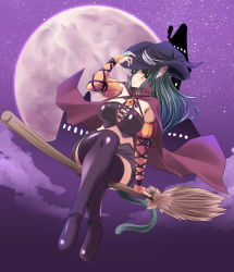 Rule 34 | 1girl, animal ears, black thighhighs, blush, boots, breasts, bridal gauntlets, broom, broom riding, brown eyes, cape, castle, cat ears, cat tail, cleavage, cloud, commentary, full body, green hair, halloween, hat, large breasts, long hair, midriff, miniskirt, moon, night, night sky, original, outdoors, parted lips, skirt, sky, solo, star (sky), tail, thigh boots, thighhighs, tonpuu, witch, witch hat, zettai ryouiki