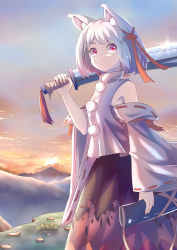 Rule 34 | 1girl, absurdres, animal ear fluff, animal ears, bare shoulders, black skirt, breasts, closed mouth, cloud, cloudy sky, commentary request, detached sleeves, eyebrows hidden by hair, feet out of frame, glint, hair ribbon, highres, holding, holding sword, holding weapon, inubashiri momiji, jiege, looking afar, looking to the side, mountainous horizon, no headwear, pom pom (clothes), red eyes, red ribbon, red skirt, ribbon, ribbon-trimmed sleeves, ribbon trim, sarashi, shirt, short hair, shoulder rest, skirt, sky, sleeveless, sleeveless shirt, small breasts, solo, standing, sun, sword, touhou, turtleneck, twilight, two-tone skirt, weapon, white hair, white shirt, wide sleeves, wolf ears