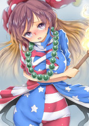Rule 34 | 1girl, american flag dress, bead necklace, beads, blush, breasts, brown hair, chikado, clownpiece, clownpiece (cosplay), commentary request, cosplay, covered navel, cowboy shot, crossed arms, fire, gradient hair, hat, hijiri byakuren, jester cap, jewelry, large breasts, long hair, looking at viewer, multicolored hair, necklace, pantyhose, prayer beads, purple eyes, purple hair, short sleeves, solo, standing, torch, touhou