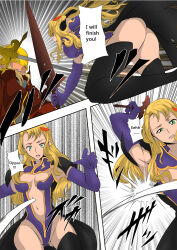 Rule 34 | ass, black thighhighs, blonde hair, breasts, caishimou, cleavage, code geass, green eyes, gundam, gundam wing, large breasts, leotard, liliana vergamon, long hair, mask, navel, open mouth, rapier, simple background, sword, thighhighs, weapon, zechs merquise