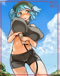 Rule 34 | 1girl, bare shoulders, bike shorts, blue eyes, blue hair, blush, breasts, cloud, day, covered erect nipples, hair bobbles, hair ornament, halterneck, halterneck, hat, hose, huge breasts, kawashiro nitori, matching hair/eyes, milking machine, open mouth, outdoors, perky breasts, sachito, short hair, sky, sleeveless, solo, suction cups, touhou, tree, turtleneck, twintails, two side up