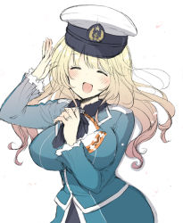 Rule 34 | 10s, 1girl, :d, ^ ^, alternate headwear, atago (kancolle), blonde hair, blush, breasts, closed eyes, cowboy shot, hat, kantai collection, large breasts, long hair, mozuya murasaki, open mouth, peaked cap, simple background, smile, solo, white background