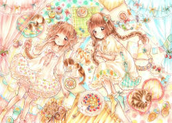 Rule 34 | 2girls, absurdres, animal ears, book, braid, brown eyes, brown hair, cake, candy, cat, cat ears, cat tail, checkerboard cookie, cookie, curtains, dog ears, dog tail, doughnut, food, from above, gingerbread man, highres, kotori hana, long hair, lying, macaron, multiple girls, no shoes, on back, on side, original, pajamas, pocky, short hair, slippers, socks, tail, thumbprint cookie, twin braids