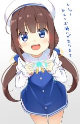Rule 34 | 10s, 1girl, :d, ahoge, beret, blue dress, blush, brown hair, cowboy shot, dress, hat, hatsunatsu, hinatsuru ai, holding, layered sleeves, long hair, long sleeves, looking at viewer, low twintails, open mouth, puffy short sleeves, puffy sleeves, ryuuou no oshigoto!, school uniform, short over long sleeves, short sleeves, smile, solo, teeth, translated, twintails, upper teeth only, very long hair, white background, white hat